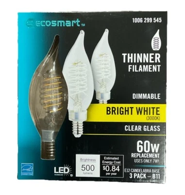 EcoSmart 60-Watt Equiv B11 Dimmable E12 Candelabra Fine Bendy LED Brt White 3Pk - Image 1 of 4