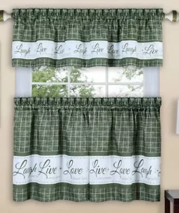 Set tende 3 pezzi: 2 livelli e Valance (58"x 14") LIVE LAUGH LOVE, verde di Achim - Foto 1 di 6