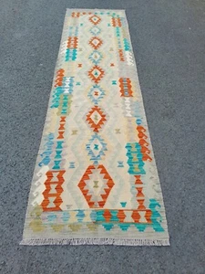 Handmade rugs Afghan kilim Turkish vintage flat woollen 300x80 cm - Picture 1 of 14