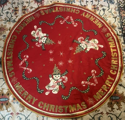 Vintage MCM Muñeco de Nieve Bastón de Caramelo Redondo Árbol Falda-Mantel-Dorado Feliz Navidad Foto 1 de 4