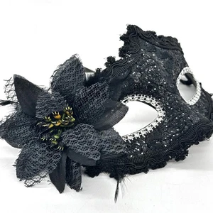 Venetian Style Masquerade Half Face Mask Black Flower Sequins Halloween GUC - Picture 1 of 5