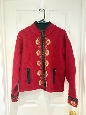 Icelandic Design Sweater Red Zip Cardigan Sweater Jacket Floral Embroidered MED - Image 1 of 4