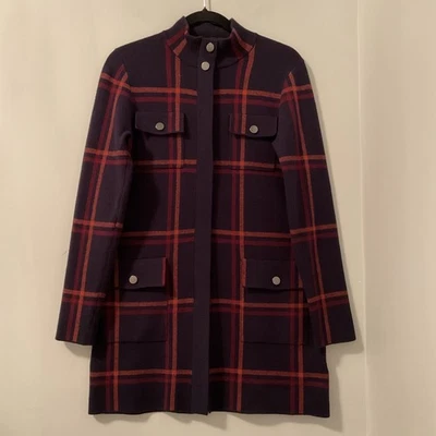 Abrigo Max Studio Azul Marino Rojo Naranja A Cuadros Sin Forro Cremallera Bolsillos a Presión Para Mujer M Foto 1 de 4