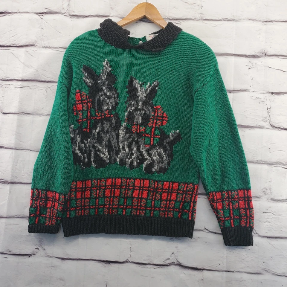 复古 Talbots 毛衣女式小号绿色 Scottie 狗拉米棉 90 年代 — 第 1/4 张图片