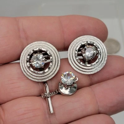 Juego de Gemelos Redondos y Corbata Texturizada ANSON Tono Plateado Estrás Bonito Foto 1 de 4