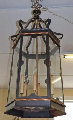 Large 6 Light Regency Style Wrought Iron Black & Gold Chandelier Lantern - Image 1 of 4