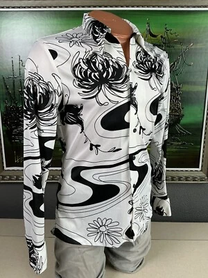 1970s Disco Mr. Jan Mens Black & White Abstract Floral Long Sleeve Shirt Medium - Image 1 of 4