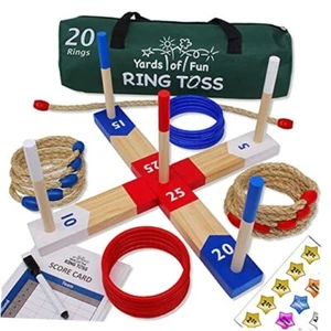 Wooden Ring Toss Game for Kids. Family, Adults. 20 Rope & Plastic Rings, - Picture 1 of 8