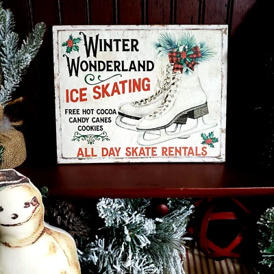 LETRERO DE ALQUILER DE PATINES SOBRE HIELO VINTAGE ESTILO FOLCLÓRICO PRIMITIVO NAVIDAD INVIERNO PAÍS DE LAS MARAVILLAS Foto 1 de 4