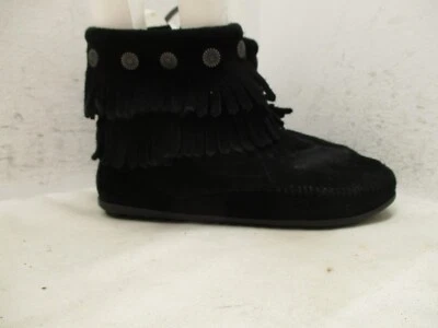 Minnetonka Moccasins Womens Double Fringe Boot Side Zip Black Suede Size 7.5 - Image 1 of 4