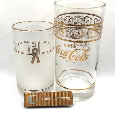 conjunto de 2 copos de Coca-Cola Japão década de 1980 ouro Roberta di Camerino novidade vintage OPP - Imagem 1 de 4