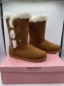 Juicy Couture Faux Fur Suede Brown Cognac Slip On Boots, JC-Koded, Size 10 - Picture 1 of 12