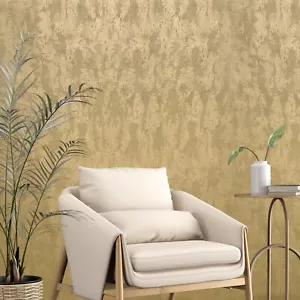 Plain contemporary foil gold metallic faux concrete plaster textured wallpaper - Picture 1 of 15