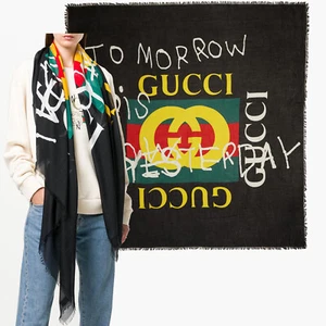 GUCCI SCARF COCO CAPITAN TOMORROW GG LOGO BLACK MODAL SILK SHAWL SQUARE 55" - Picture 1 of 20