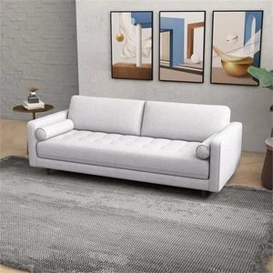 Demi Mid-Century Tufted Cushion Back Fabric Upholstered Sofa in Light Gray - Picture 1 of 6