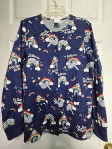NWT-Dickies Scrub Jacket size M-Navy Sloth/Rainbow Snap-up-Chest 21.5"/L 28" - Picture 1 of 5