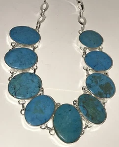 SILVER AND TURQUOISE LARGE STONE COSTUME JEWELRY NECKLACE NO HALLMARKS 22” G8 - Picture 1 of 12