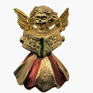 Angel Noel Brooch Pin Christmas Vintage Gold Tone Holiday Jewelry - Picture 1 of 4