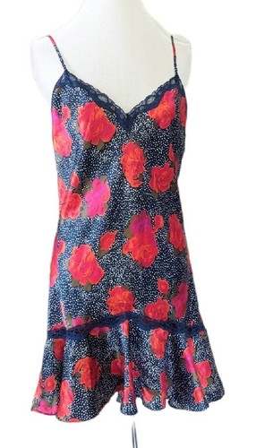 UNDERCOVER Camicia da notte vintage Victoria's Secret grande raso bianco navy a pois floreale orsacchiotto