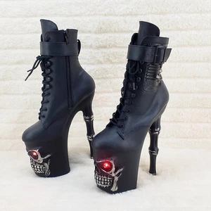 Rapture Black Skull & Bones 8" High Heel Platform Ankle Boots Lighted Eyes NY - Picture 1 of 11