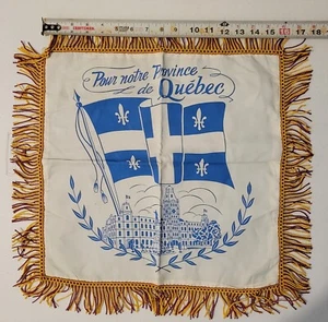 Vintage 60er Jahre Seide Kissenbezug Kanadische Provinz Quebec Souvenir mit Fransen - Bild 1 von 2