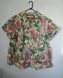 Roaman’s Women's Plus Size 30W Floral Yellow V Neck Short Sleeve Button Up Top - Picture 1 of 5