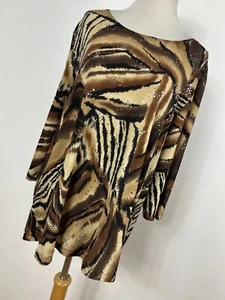 Maggie Barnes 0X XL Shirt Top Brown Black Animal Print Embellished Stretch F2 - Picture 1 of 6