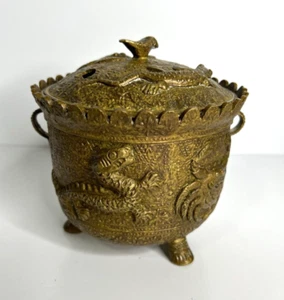 Vtg Chinese Brass Incense Burner Tripod Snake Handles Fish Crabs Dragon Asian - Picture 1 of 12
