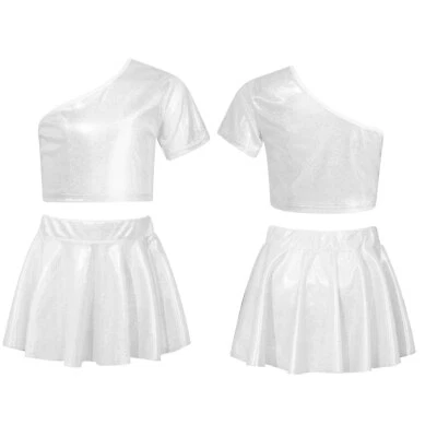 Kids Girls Crop Top With Skirt Stylish Dance Outfit Modern Dancewear Sequins - Image 1 of 3