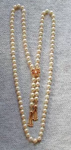 Genuine Pearl Necklace Opera Length Bolo Style 14k Gold Butterfly Clip & Tassels - Picture 1 of 24
