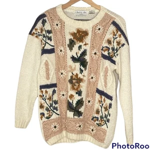 Vintage Women’s Cherry Stix Acrylic Sweater Sz M block Embroidered Beige Flowers - Picture 1 of 5