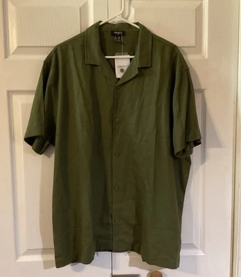 Forever 21 男式橄榄绿色亚麻混纺短袖纽扣衬衫 - XXL — 第 1/4 张图片