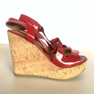 Fendi Red Patent Leather Cork Wedge Slingback Sandals 8.5 – New in Box Italy - Picture 1 of 11