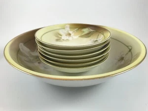 Vtg RS TILLOWITZ SILESIA PORCELAIN 7 Piece BERRY BOWL SET "WHITE LILIES" w/ Gold - Picture 1 of 11