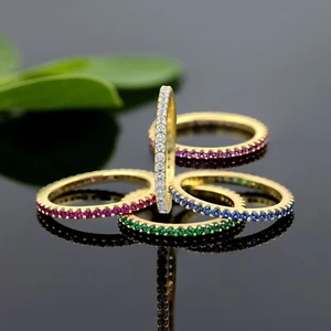18K Yellow Gold Plated Lab Created Sapphire/Ruby/Emerald Stackable Dainty Ring - Picture 1 of 51