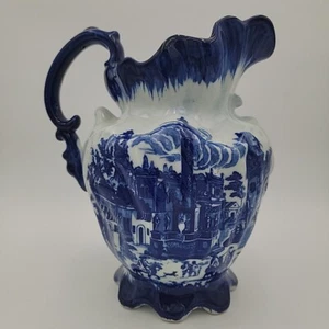 Jarra vintage Victoria Ware Ironstone azul cobalto 12" escena urbana de 1800 - Imagen 1 de 11
