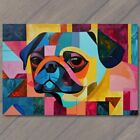 POSTCARD Dog Pug Puggle Colorful Sweet Cubism Retro Look Cute Funny Retro Art