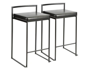 LumiSource Fuji Counter Stool Set of 2, Black Faux Leather Cushion, Black Frame - Picture 1 of 5