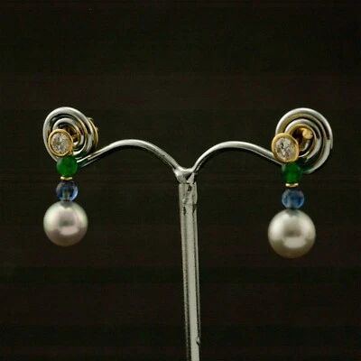 Solitär Ohrstecker Paar 14kt. Gelbgold mit Brillanten, Smaragd, Saphir u. Perlen - Bild 1 von 4