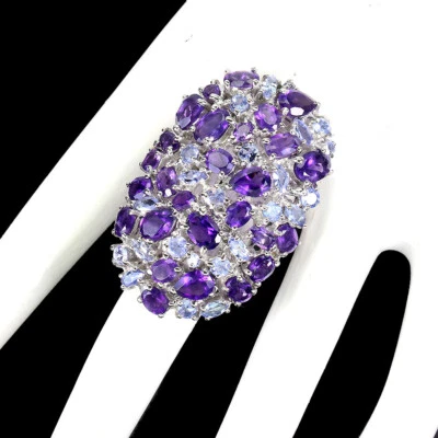 925 Anello Argento Sterling Ovale Ametista Tanzanite Gemma Gioielli Misura 8.5 - Immagine 1 di 4