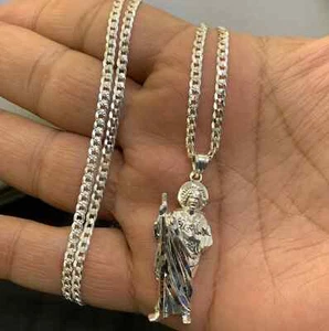 925 Sterling Silver St Jude Religious Silver Medal Pendant Charm San Judas Set - Picture 1 of 4
