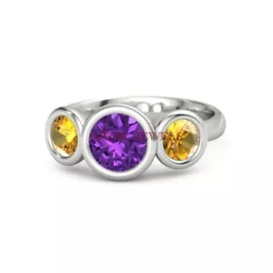 Amatista Natural Y Citrino Piedra Preciosa Con 925 Plata de Ley Mujer Anillo # - Imagen 1 de 4