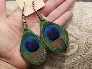 Pendientes colgantes boho de pluma de pavo real H - Imagen 1 de 1