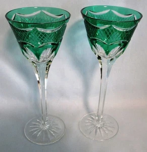 Ajka Design Gulid Hungary Cut to Clear Green 6 1/2" Liquor Stem Goblet Pair - Picture 1 of 5