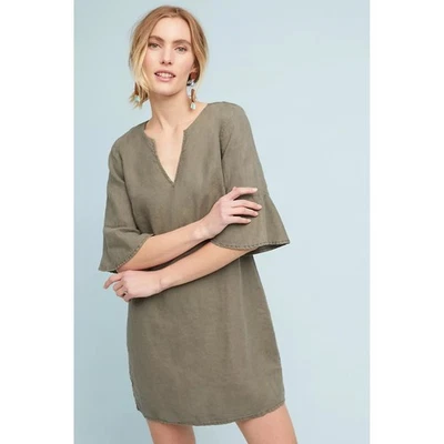Michael Stars 100% Linen Mini Dress Tan Khaki Size Small V Neck Bell Sleeve - Image 1 of 4