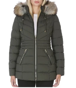 Nuevo abrigo acolchado con capucha y borde de piel verde bosque Laundry de Shelli Segal M - Imagen 1 de 12