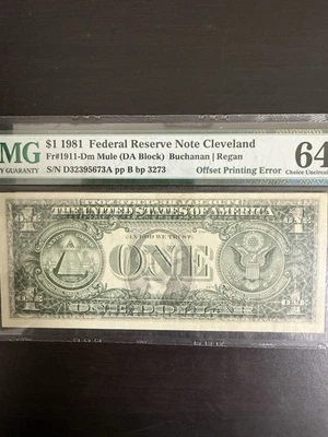 1981 $1 Dollar Bill Offset Printing Error Front To Back PMG 64UNC  # 63. - Image 1 of 4