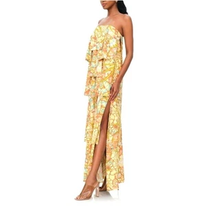 NEW Andrea Iyamah Strata Maxi Dress Strapless Ruffle Tiered US 8 Yellow Print - Picture 1 of 14