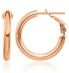 14K Solid Rose Gold Round Omega Clip Back Medium Hoop Earrings - Picture 1 of 11