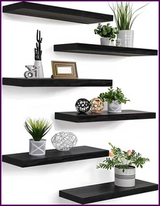 6 Repisas Flotantes De Pared Negras 17 Pulgadas Estantes Set Para Sala En Oferta - Picture 1 of 8